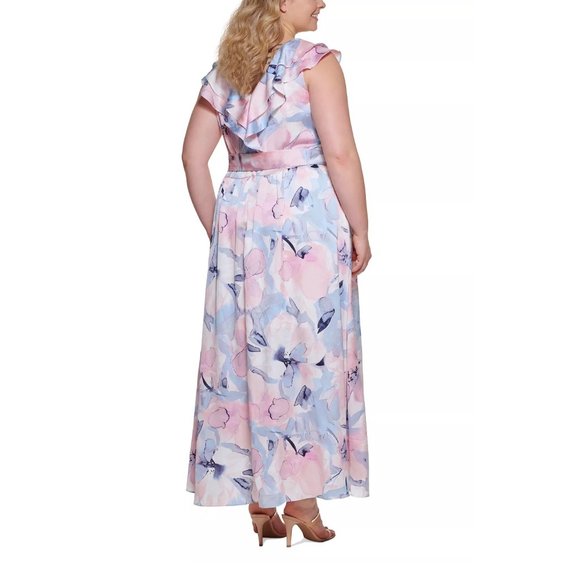 DKNY Plus Size Ruffled V Neck Floral Printed Maxi Dress Multicolored 22W - Picture 2 of 3